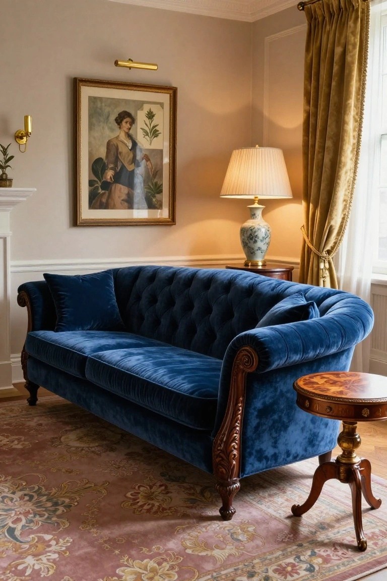 Corner of a beige room featuring a navy blue velvet tufted sofa with carved wood legs, flanked by a gold wall sconce, a framed painting of a woman with plants, a table lamp on a porcelain vase beside a wooden side table, gold curtains, and a patterned rug.