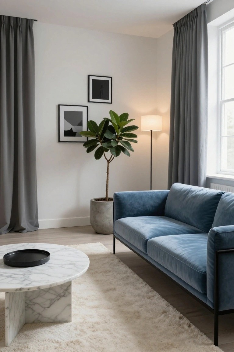 Modern living room corner with blue velvet sofa on black metal frame, round white marble coffee table holding black tray, tall potted ficus tree, white floor lamp, two abstract black-and-white framed prints on white walls, gray curtains over windows, beige rug on light wood floor.