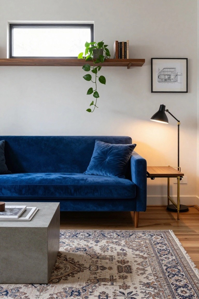 Blue velvet sofa in a white-walled living room with gray concrete coffee table on a blue and cream Persian rug, wood floating shelf holding books and potted plant, black adjustable lamp, and wood side table.