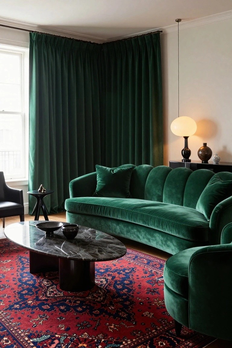 Living room with curved emerald green velvet sofa and matching armchair on red Persian rug, green velvet curtains on windows, black marble coffee table, side tables, and white walls.