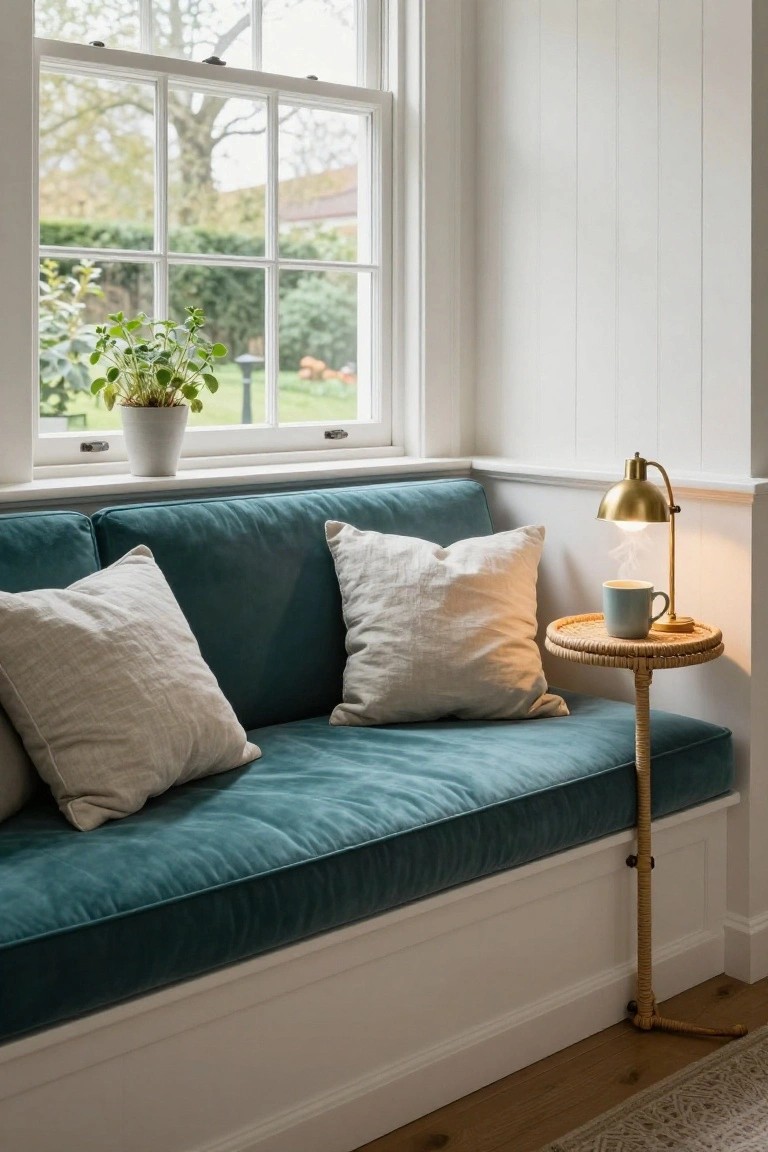 Cozy interior corner with teal blue velvet bench seat built into white paneled walls under a large multi-pane window, neutral pillows, brass arched lamp on rattan side table with teacup, potted plant on windowsill, garden view outside.