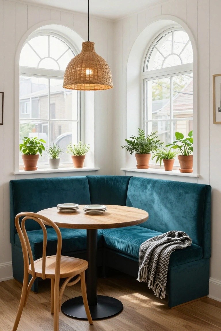 Corner breakfast nook with teal blue velvet bench seating around a round wooden table and one wooden chair, potted plants on white window sills, rattan pendant light, and white paneled walls.