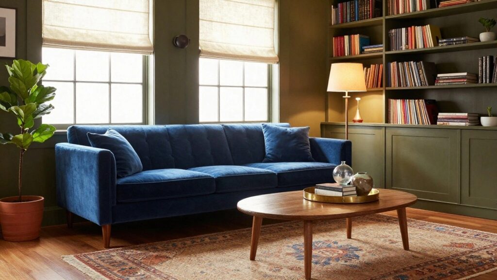 20 Blue Velvet Sofa Styling Ideas for Elegant Rooms Blue velvet sofa in a living room corner with dark green built-in bookshelves filled with books, wooden media console, potted plants, wooden coffee table on terracotta rug, lamp, and pendant light by linen-draped windows.