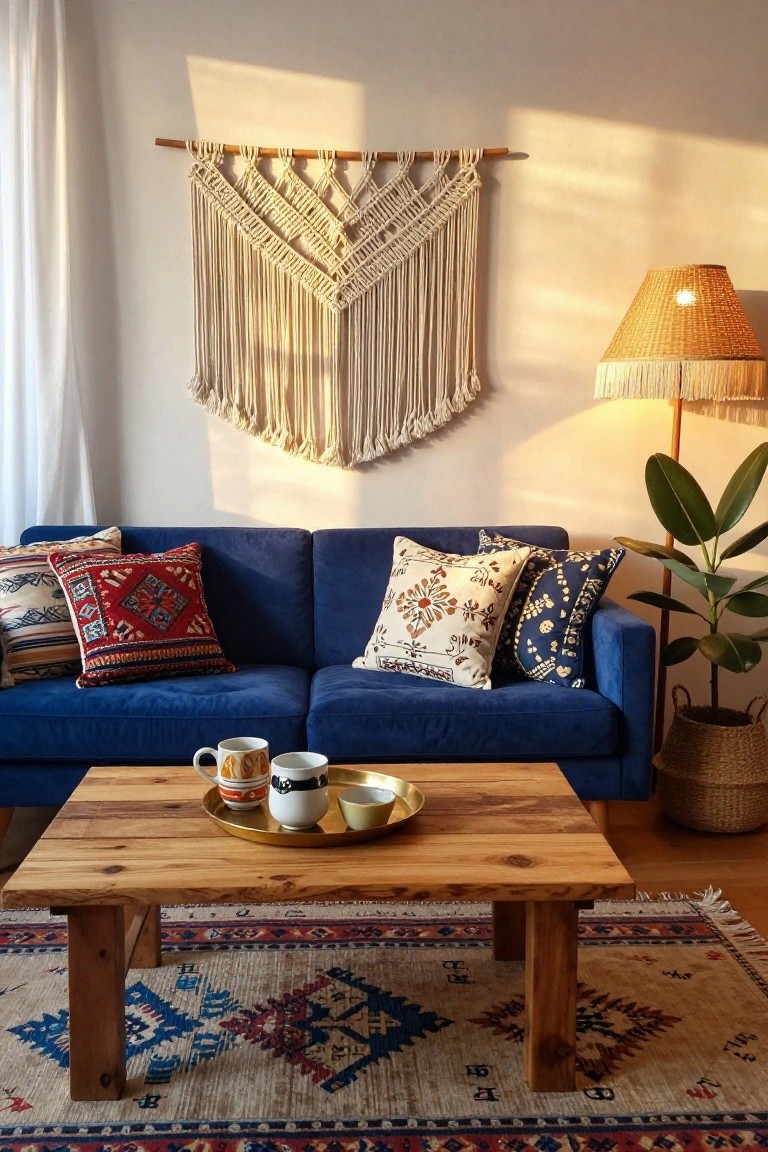 Blue velvet sofa with assorted patterned pillows including red embroidered, blue dotted, and floral designs, facing a wooden coffee table holding teacups on a gold tray, macrame wall hanging, rattan lamp, potted plant, and Persian rug in a sunlit living room.