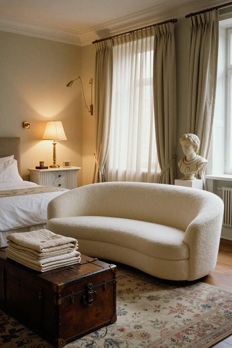 Curved cream boucle sofa in a beige bedroom next to a white bed, with folded beige blankets on a brown leather trunk, tall sheer curtains on windows, a classical bust sculpture, and a table lamp nearby.