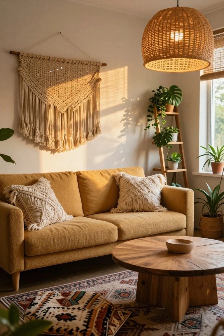 A mustard yellow fabric sofa with macrame pillows in a sunlit living room featuring a large macrame wall hanging, potted plants on a wooden ladder shelf, rattan pendant light, wooden coffee table, and patterned rug.