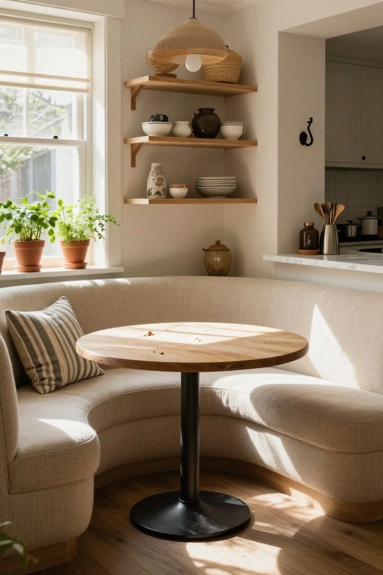 Curved cream boucle banquette with striped pillows around a round wooden table in a light-filled kitchen nook, with plants on the windowsill, pottery on wooden shelves, and a glimpse of kitchen counters.