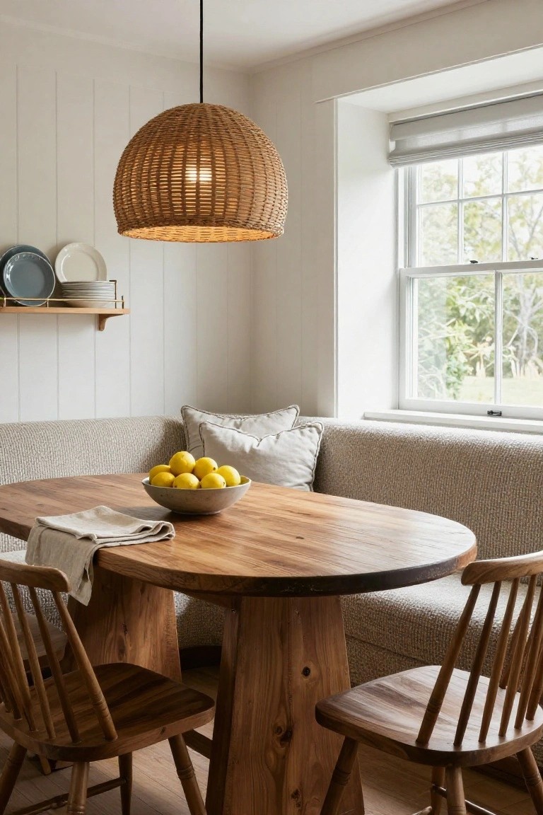 Dining nook featuring a light gray boucle-upholstered banquette seating an oval live-edge wooden table with wooden spindle chairs, a woven rattan pendant light, stacked dishes on a wall shelf, and a bowl of lemons on the table beside a large window with blinds.