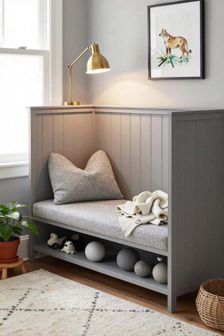 Gray wood-paneled corner bench with light gray boucle-upholstered seat cushion and pillow, brass adjustable lamp on top shelf, stuffed toys and spheres stored underneath, potted plant nearby in a light gray room.
