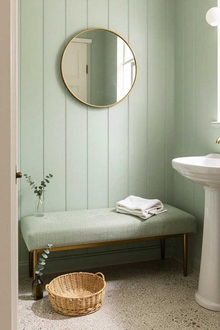 Small bathroom featuring pale green vertical paneled walls, gold-framed round mirror above a white door, white pedestal sink, green upholstered bench with white towel draped over it, glass vase of eucalyptus on the bench, another vase and woven basket on terrazzo tile floor.
