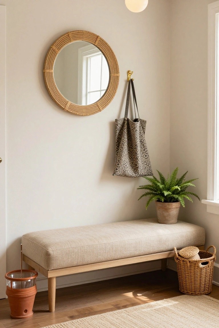 Light entryway corner with beige boucle bench on wooden legs, rattan mirror with hanging leopard print bag, fern plant in terracotta pot, glass umbrella stand in terracotta base, wicker basket, and beige rug on wood floor.