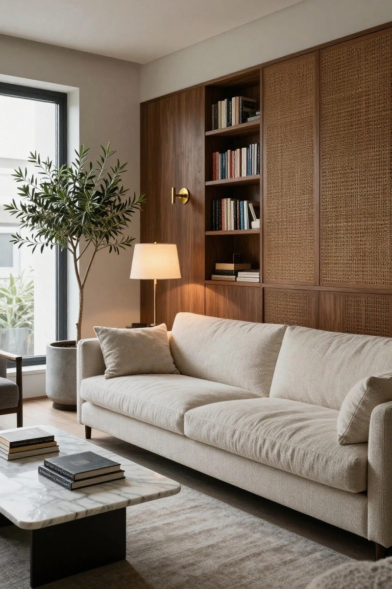 Modern living room with light beige boucle sofa, walnut wood wall paneling featuring rattan inserts and built-in bookshelves, potted olive tree, marble coffee table on black base, beige rug, and table lamp.