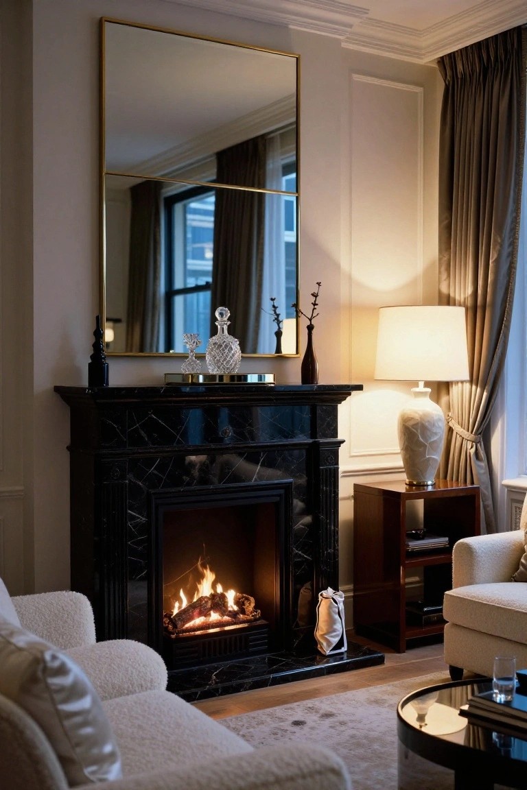 Cream boucle sofa positioned beside a lit black marble fireplace in a living room with a large gold-framed mirror above the mantel, white lamp on a wood side table, and sheer curtains on windows.