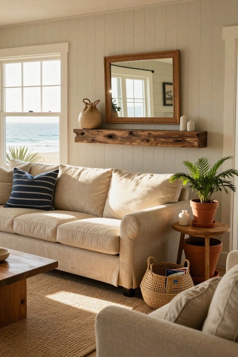 Beige boucle three-seater sofa on seagrass rug in a light shiplap-walled living room with wooden coffee table, potted plants, woven baskets, wood floating shelf with mirror above window showing ocean view.