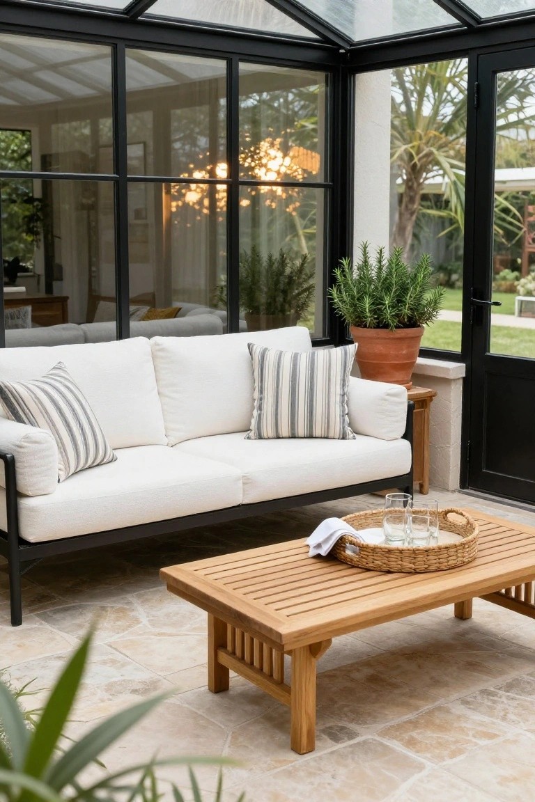 White boucle sofa with striped pillows on black metal frame in glass conservatory with terrazzo floor, wooden coffee table holding glasses on rattan tray, potted plants, and garden view through black doors.