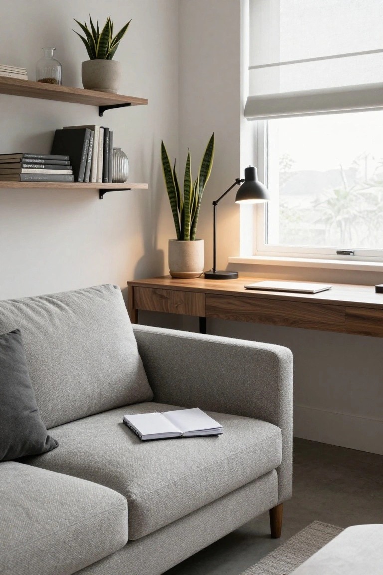 Gray boucle fabric sofa positioned next to a wooden desk with drawers in a minimalist white room featuring floating shelves with books and plants, a desk lamp, and a window with sheer blinds.