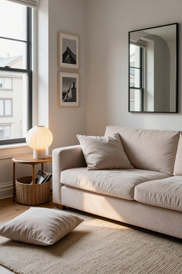 Cream boucle sofa in a beige living room corner beside a large window, with a white rattan lamp on a round wood side table next to a woven basket of books, seagrass rug on wood floor, and large floor pillow in front.