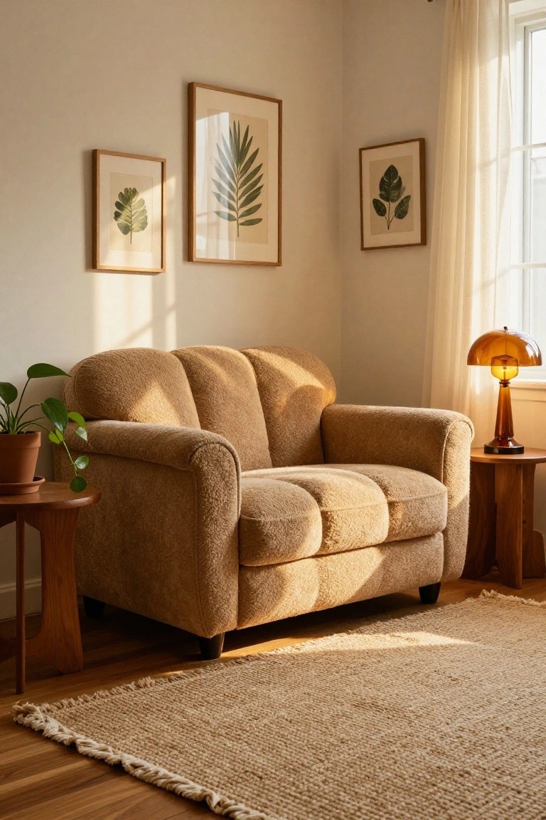 Beige boucle sofa in a sunlit indoor corner with wooden side table holding a lamp and potted plant, botanical leaf prints on walls, sheer curtain on window, and jute rug on wood floor.
