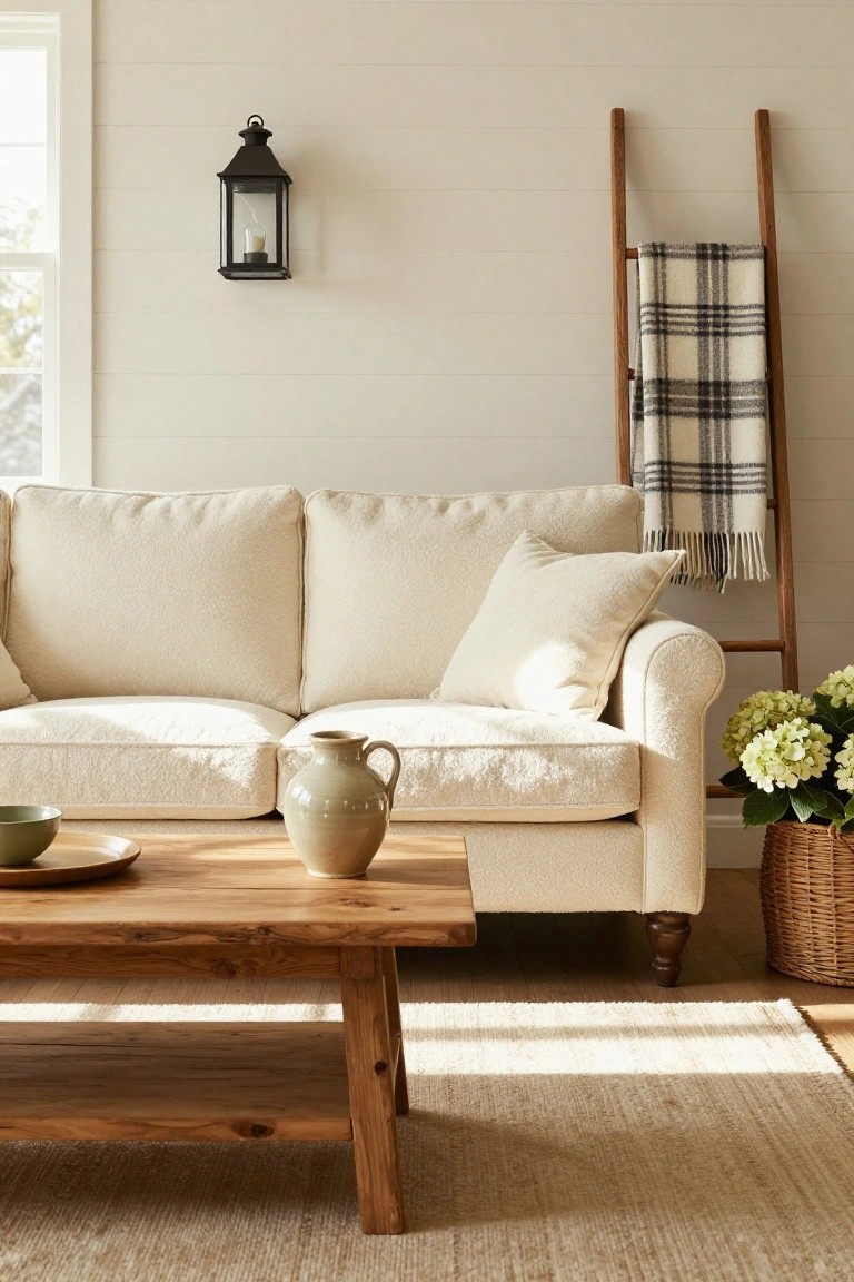 Cream boucle sofa facing a wooden trestle coffee table in a light shiplap-walled living room with a ladder draped in plaid blanket, wall lantern, green vase, bowl, and hydrangea plants in vase and basket on wood floor with rug.