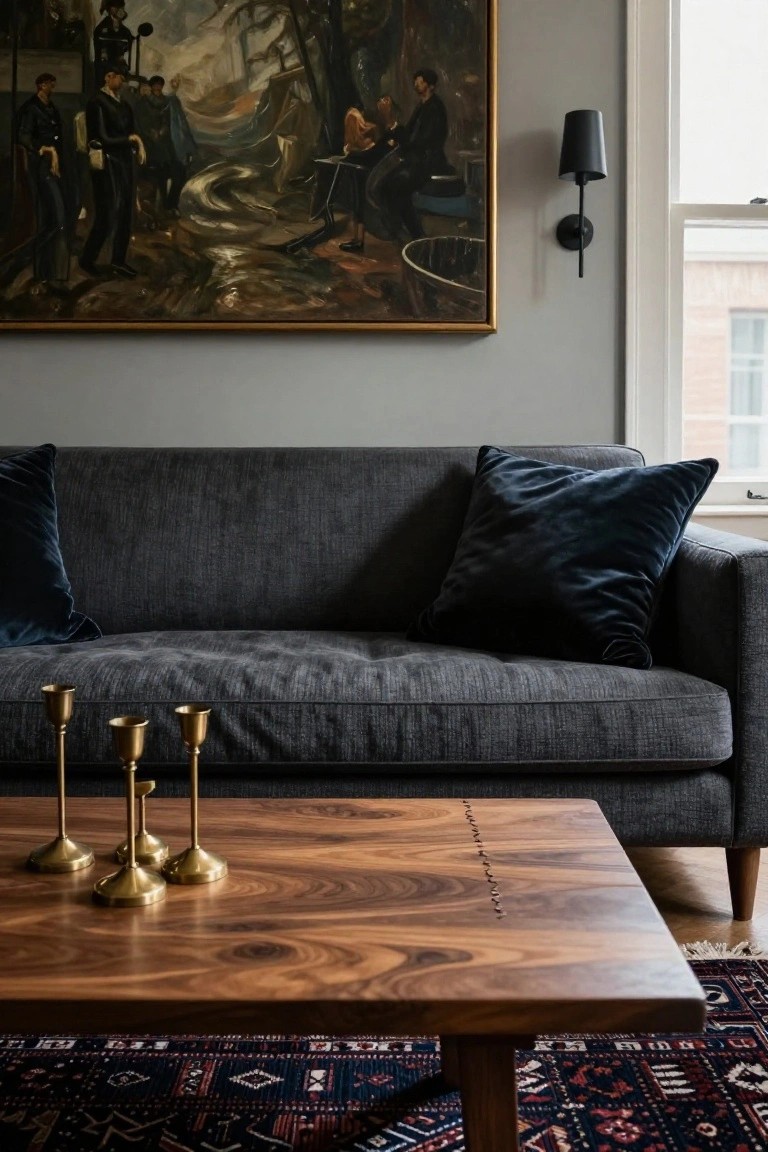 Dark gray boucle sofa on gray walls with velvet pillows, facing a live-edge walnut coffee table holding four brass candlesticks, large moody painting above sofa, black wall sconce, window, and blue patterned rug underneath.