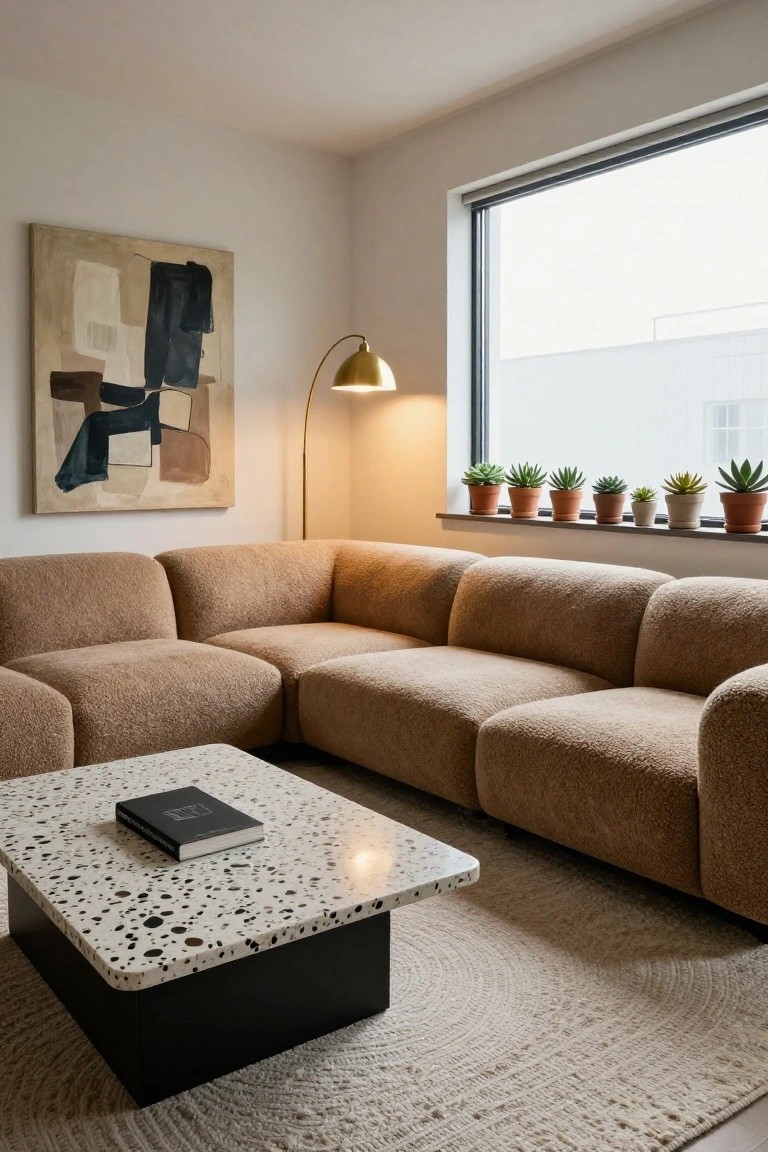 Beige boucle L-shaped sofa in a bright living room corner next to a large window with potted succulents on the sill, terrazzo coffee table with a book, abstract painting on wall, and arched floor lamp.