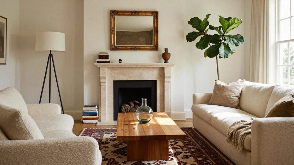 Cream boucle sofa with pillows and throw blanket in a light living room featuring wooden coffee table with books and vase, large potted fiddle leaf fig plant, floor lamp, neutral rug, and window with sheer curtains.