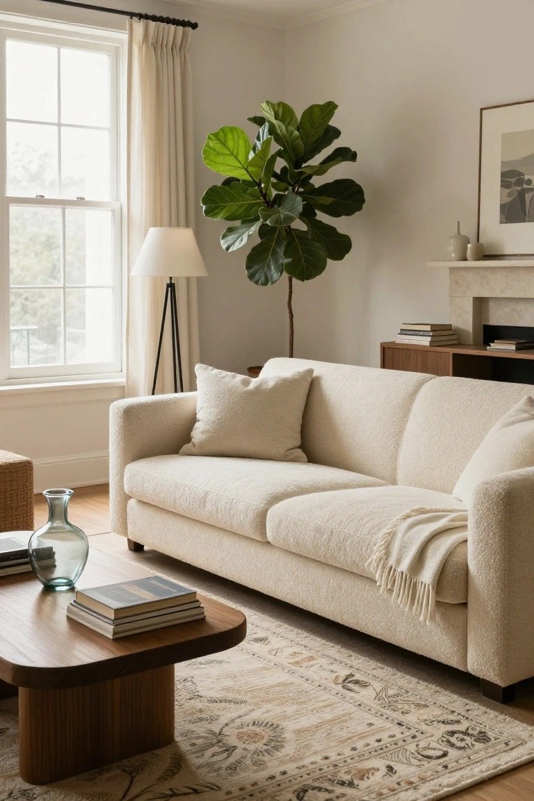 Cream boucle sofa with pillows and throw blanket in a light living room featuring wooden coffee table with books and vase, large potted fiddle leaf fig plant, floor lamp, neutral rug, and window with sheer curtains.