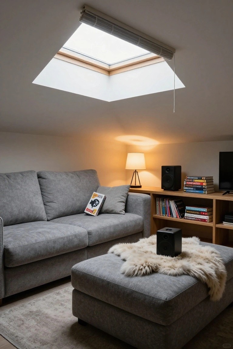 Cozy living room with gray sofa, skylight, wooden shelves, and fur throw.