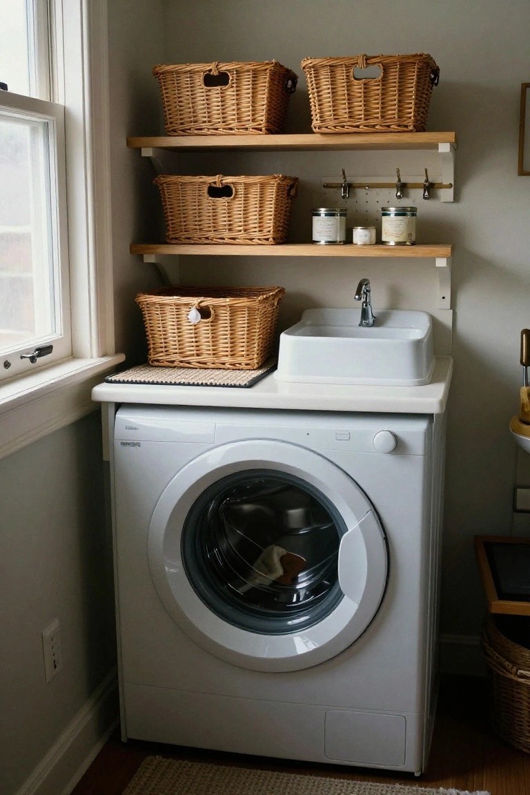 Laundry room corner featuring a white front-loading washing machine, white utility sink on a countertop, wooden floating shelves with stacked wicker baskets, jars of candles, and hooks on a light gray wall next to a window.