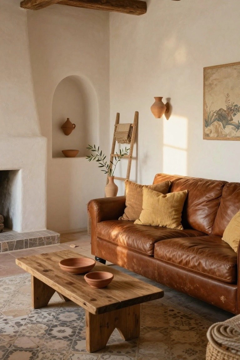 Living room with brown leather sofa piled with yellow pillows, wooden coffee table holding terracotta bowls, adobe-style fireplace, terracotta pottery on shelves and walls, ladder shelf with olive branches, and patterned rug on tiled floor.