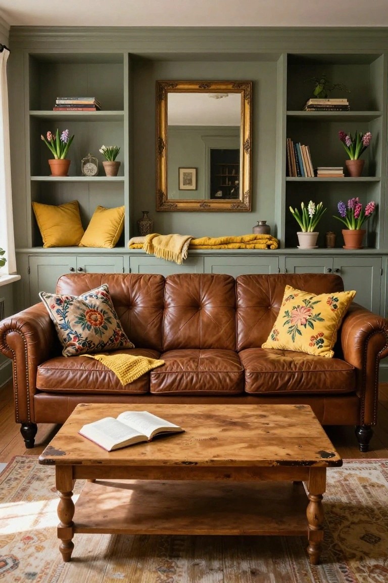 A living room with a tufted brown leather sofa topped with patterned and yellow pillows and throws, sage green built-in bookshelves holding books and potted plants, a wooden coffee table with an open book, and a patterned rug on wood floors.