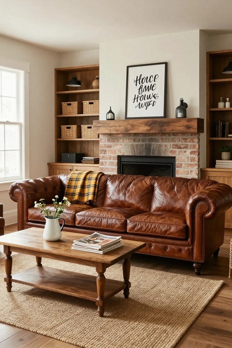 Cozy living room with brown leather sofa, wooden coffee table, and brick fireplace.