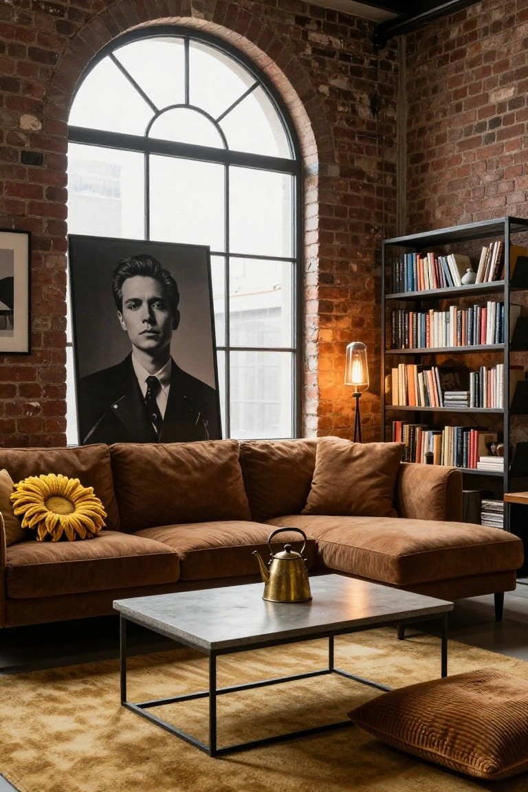 Living room with brown sofa topped by yellow sunflower pillow, exposed brick walls, arched window, black-and-white poster of suited man, metal bookshelves, brass teapot on gray coffee table, and yellow rug.