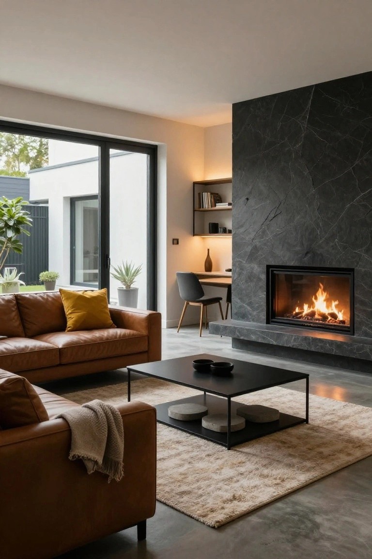 Modern living room with brown leather sofa, yellow pillow, black metal coffee table, black marble wall with fireplace, desk chair, plants, and sliding glass doors overlooking garden.