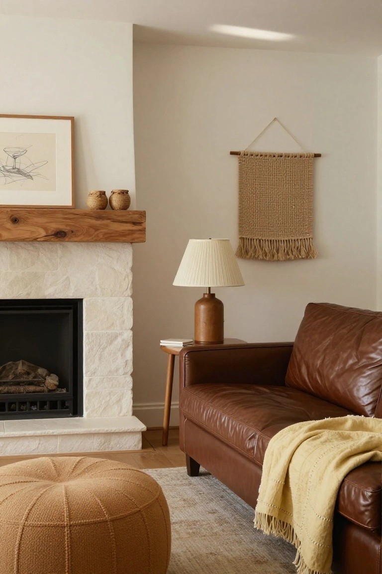 Living room corner showing a brown leather sofa with a yellow knit throw draped over it, next to a white stone fireplace, wood mantel with art and pottery, wood side table with lamp, and beige macrame wall hanging.