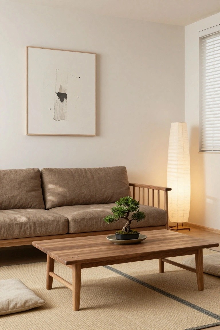 A light beige living room with a brown linen sofa, low rectangular wooden coffee table topped with a bonsai tree in a black pot, tall white paper floor lamp, wooden armchair holding another bonsai, seagrass rug, and floor cushion.