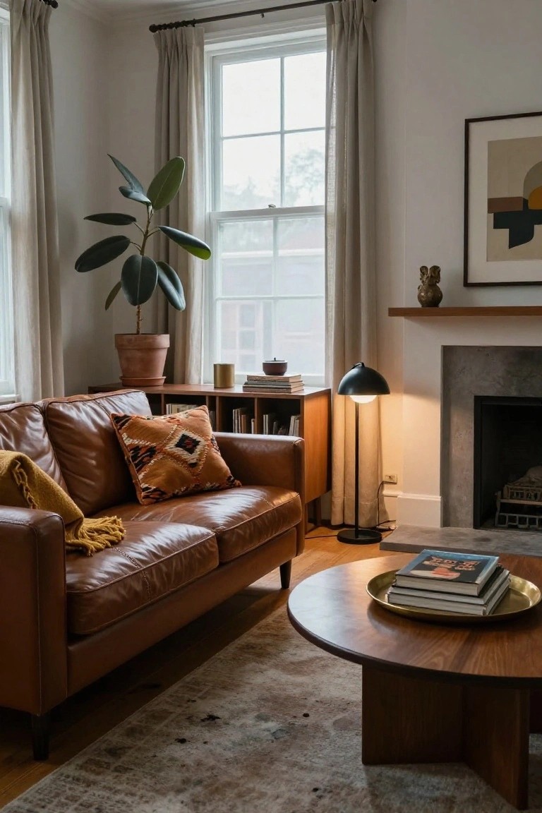 Living room with brown leather sofa topped by orange patterned pillow and yellow throw, wooden coffee table holding books, potted plant, lamp, and fireplace.