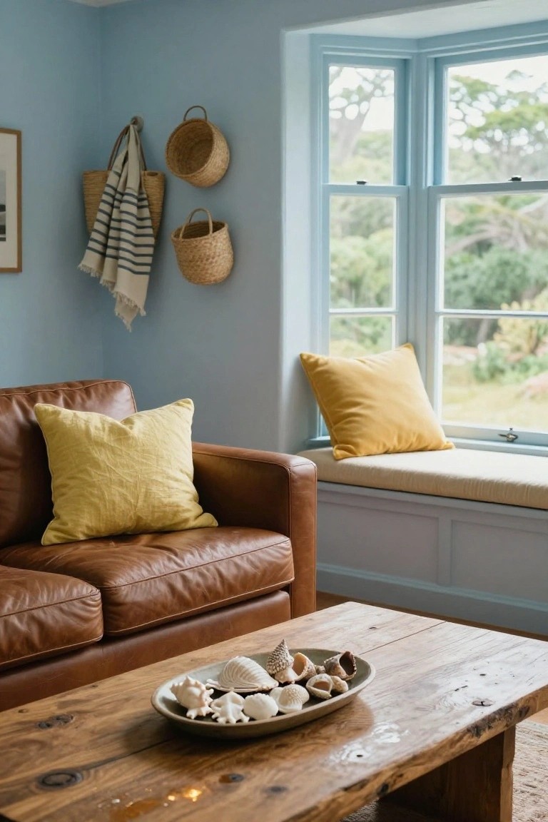 A brown leather sofa with yellow linen pillows in a light blue living room, facing a wooden coffee table holding seashells in a dish, with a cushioned window seat and woven wall baskets overlooking greenery.