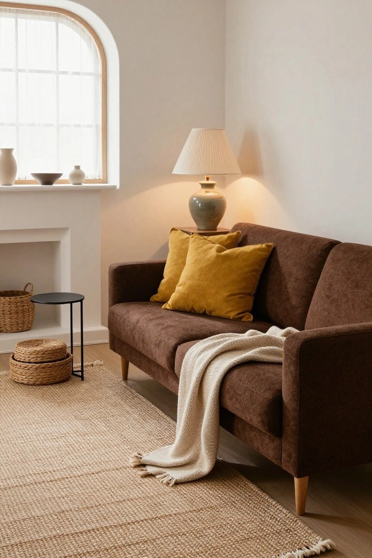 A brown fabric sofa with yellow pillows and a cream throw in a light living room corner, beside a green lamp on a black side table, wicker baskets, and an arched window with white vases.
