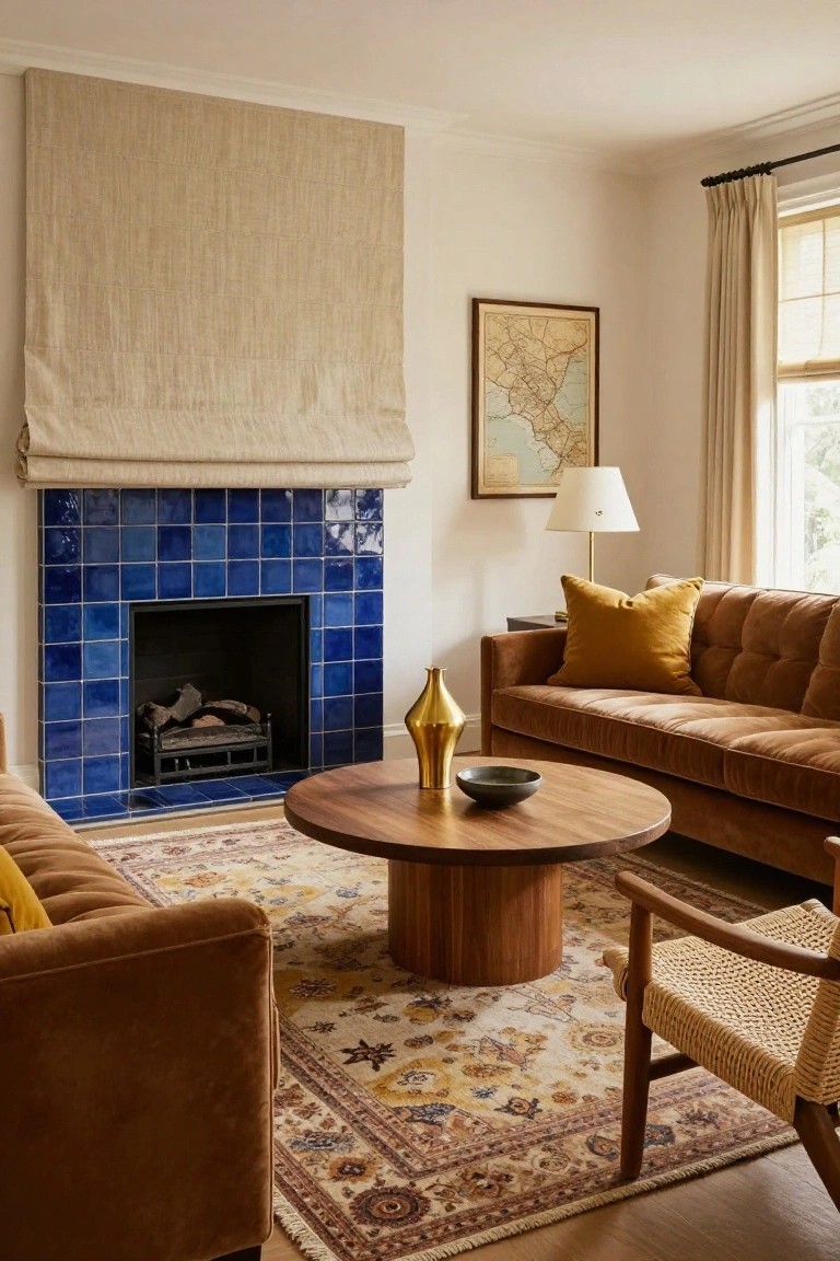 Living room with two brown velvet sofas accented by yellow pillows, blue tiled fireplace, wooden pedestal coffee table, beige roman shade, and patterned rug on wood floors.