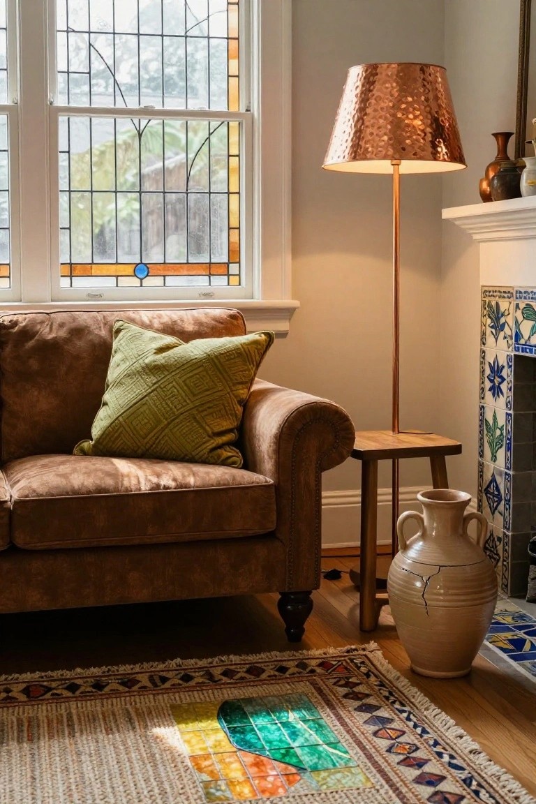 Living room corner with brown leather sofa topped by green quilted pillow, tall copper floor lamp with hammered shade on wooden stand, stained glass window, blue and white tiled fireplace, wooden side table, terracotta vase, and patterned rug on hardwood floor.