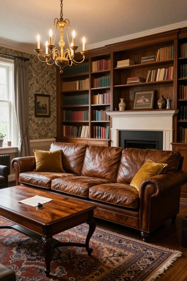 Traditional living room interior with tall wooden bookshelves filled with books, brown leather sofa with yellow pillows, wooden coffee table holding a paper and small object, brass chandelier, fireplace, and window with curtains.