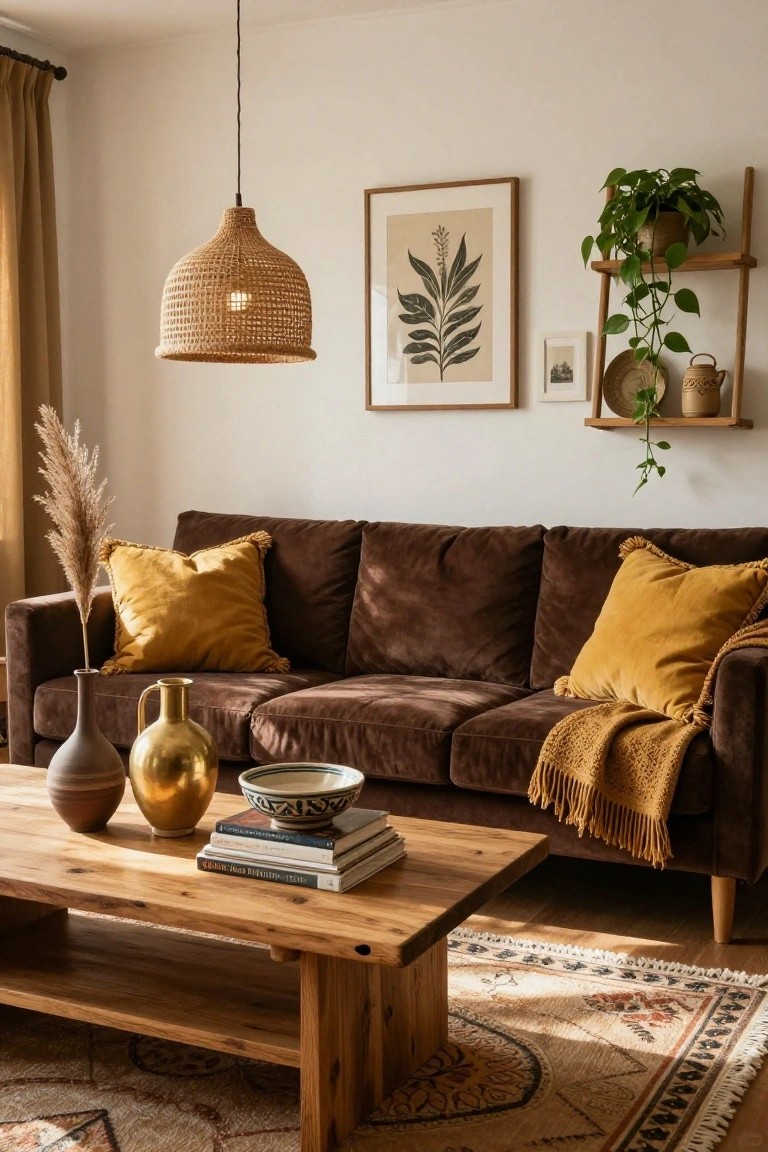 A living room with a brown velvet three-seater sofa accented by yellow pillows and throw, wooden coffee table holding books and ceramics, pampas grass, plants on shelves, framed art on white walls, rattan pendant light, and patterned rug.