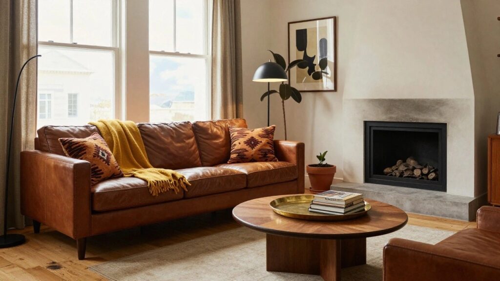 20 Brown Sofa and Yellow Living Room Ideas Full of Warmth Living room with brown leather sofa topped by orange patterned pillow and yellow throw, wooden coffee table holding books, potted plant, lamp, and fireplace.
