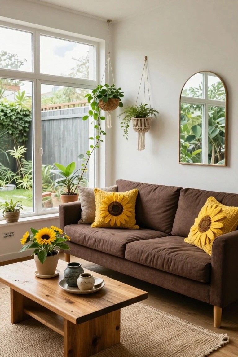 A brown fabric sofa with yellow sunflower throw pillows in a plant-filled living room, wooden coffee table with ceramics and flowers, large windows overlooking a garden.