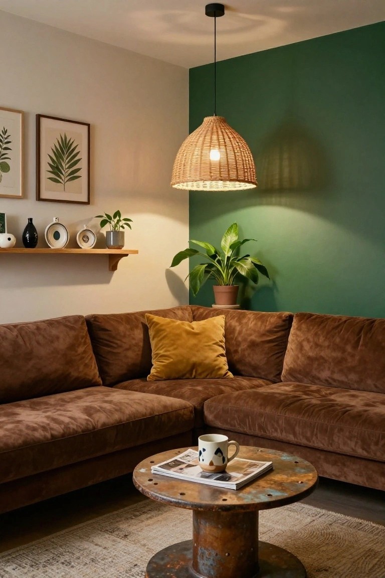 Corner living room with brown velvet L-shaped sofa, yellow pillow, metal drum coffee table holding a white mug and magazine, rattan pendant lamp, green accent wall, potted plants, and wooden shelf with ceramics.