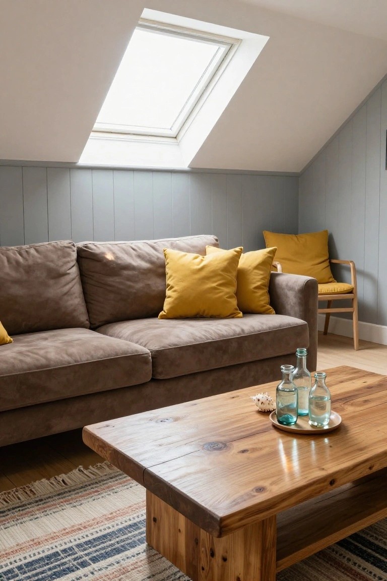 Attic living room with sloped gray paneled walls, skylight overhead, brown suede sofa with multiple yellow pillows, wooden coffee table holding glass bottles and a seashell, and a colorful rug on oak floors.