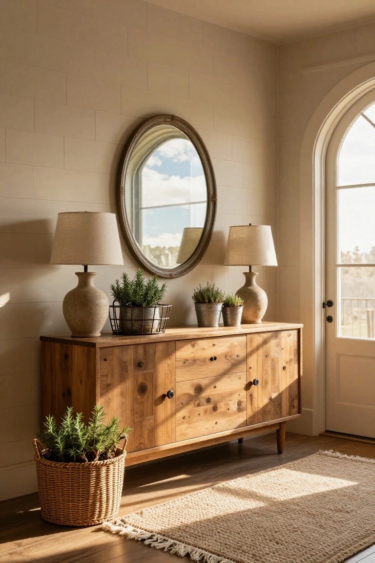 A rustic wooden sideboard with two table lamps and potted plants sits beneath an oval mirror in a sunlit entryway next to an arched door.