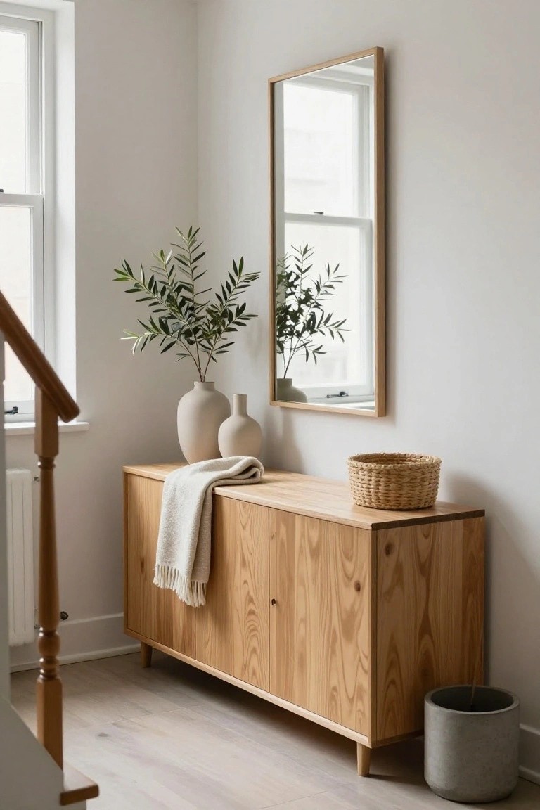Minimalist light wood sideboard with vases, mirror, and woven basket in bright entryway.