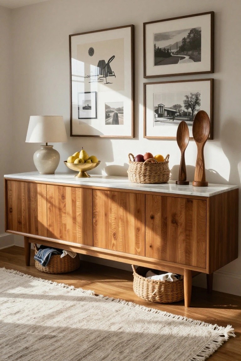 Mid-century wooden sideboard with marble top, lamps, fruit, and wall art.